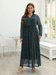 Nemidor Plus Surplice Neck Lantern Sleeve Belted Sequin Dress