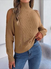 Pullover mit schulterfrei hochgeschlossenem Ausschnitt, Zopfstrick - Khaki - Übersicht 2