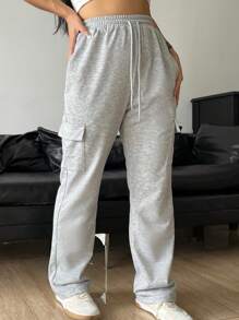 SHEIN Unity Flap Pocket Side Drawstring Waist Sweatpants Graduation,Back To School Outfits,Graduation,Teacher Outfits For Women,Back To School - Grey - View 5