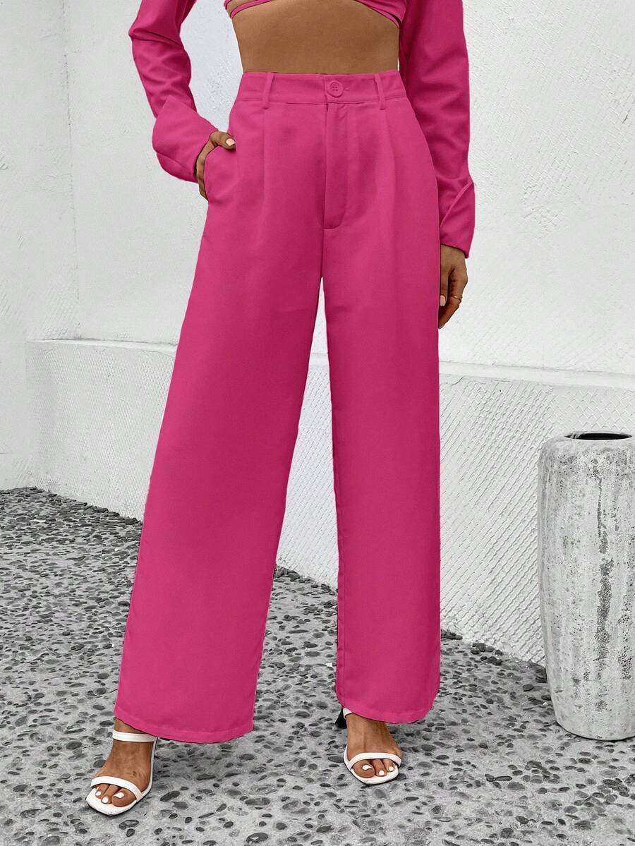 EURMUSE Solid Slant Pocket Wide Leg Pants - Hot Pink - View 1