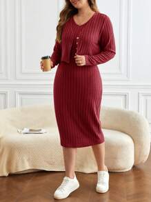 SHEIN Frenchy 大碼條紋針織夾克&洋裝 - 酒紅色 - 查看 1