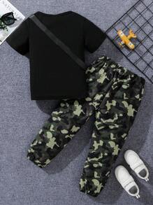 SHEIN Young Boy Solid Tee & Camo Print Pants & Bag
