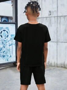 SHEIN Tween Boy Letter & Cartoon Graphic Tee & Shorts - Multicolor - View 2