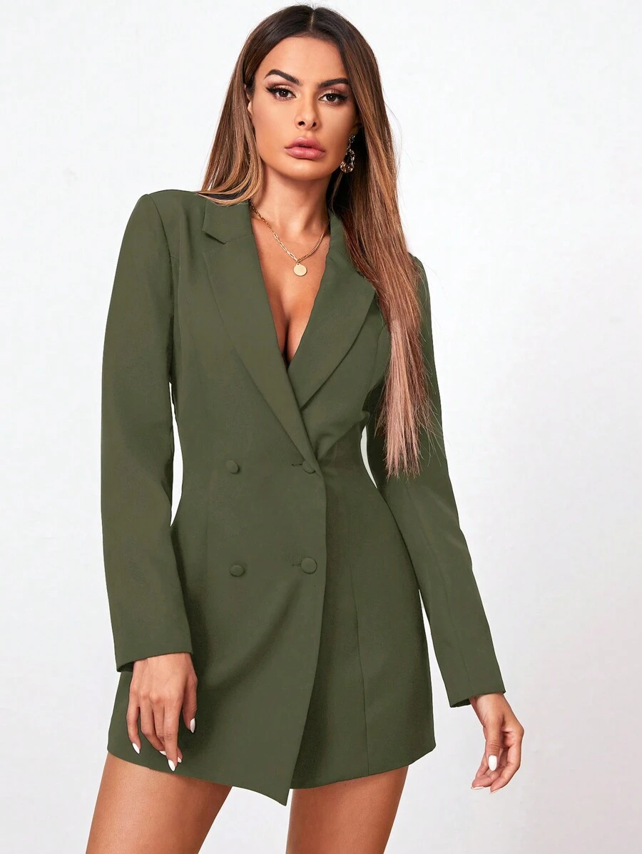 Lapel Collar Double Breasted Blazer Dress - Army Green - View 1