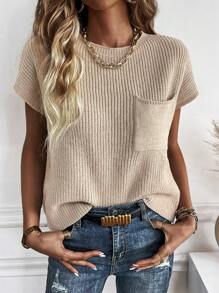 SHEIN LUNE Solid Pocket Patched Knit Top - Apricot - View 5