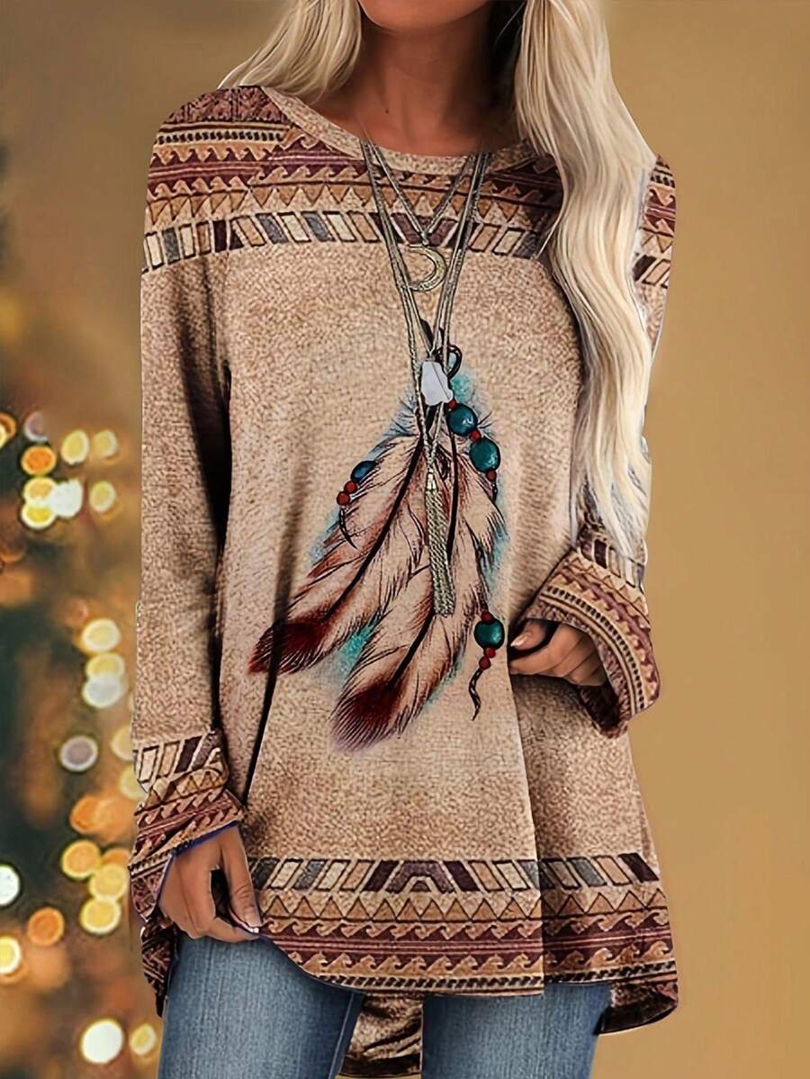 Lông vũ & In Địa lý Hem cao thấp Áo thun - Nhiều màu - Xem 1