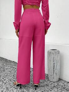 EURMUSE Solid Slant Pocket Wide Leg Pants - Hot Pink - View 2