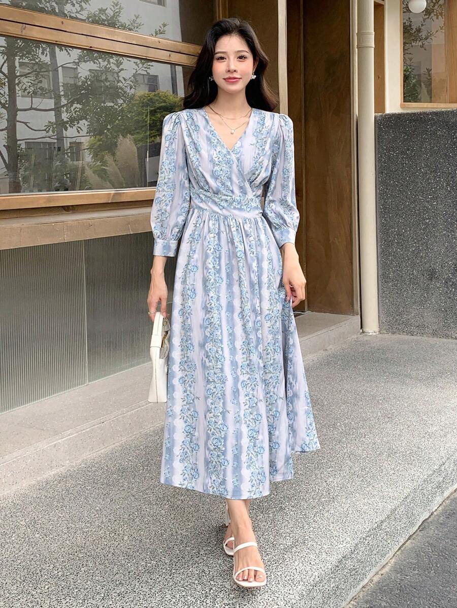 DAZY In Toàn bộ Ống tay áo Buộc lại Váy quấn - Màu xanh lam - Xem 1