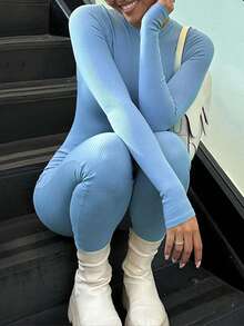 Solid Ribbed Knit Unitard Jumpsuit - Blue - View 4