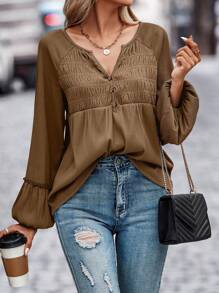 SHEIN LUNE Notched Neckline Lantern Sleeve Tee
