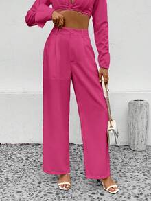 EURMUSE Solid Slant Pocket Wide Leg Pants - Hot Pink - View 5