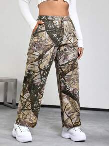 SHEIN EZwear 满版印花翻盖口袋侧边工装牛仔裤 - 綠色 - 查看 1