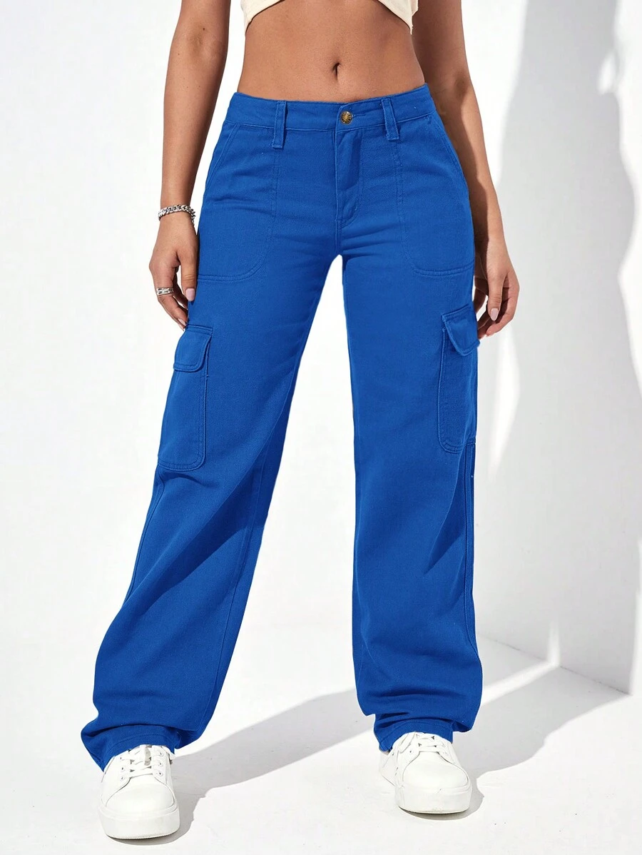 EURMUSE Solid Flap Pocket Cargo Jeans - Royal Blue - View 1