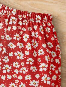 SHEIN 2pcs Baby Girl Casual Ruffle Trim Round Neck Short Sleeve T-Shirt And Elastic Waist Floral Shorts Set, Suitable For Summer - Multicolor - View 4