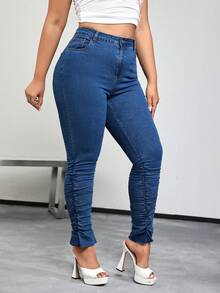 SHEIN ICON Cộng với quần jean skinny cạp cao xếp nếp thô - Rửa tối - Xem 3