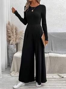 SHEIN LUNE Slim Fit Basic Long Sleeve T-Shirt And Loose Elastic Waist Wide Leg Pants 2pcs/Set - Black - View 5