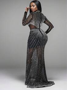 Elegant Women's High Neck Sparkling Rhinestone Fishtail Hem Prom Dresses Graduation Outfit,Party Dress,Gown,Formal,Evening,Wedding Guest - Black - View 3