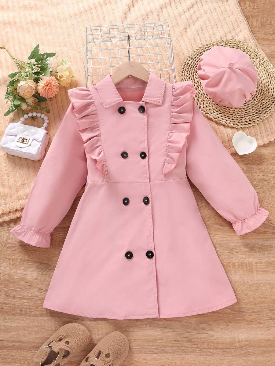 SHEIN Cô Gái Trẻ Viền Ruffle Đôi ngực tay áo lá sen Đầm & Mũ - Hồng - Xem 1