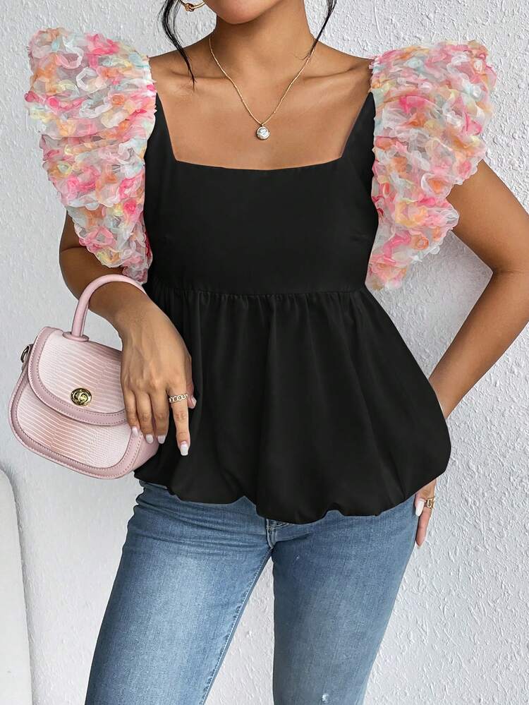 Floral Appliques Ruffle Trim Peplum Blouse