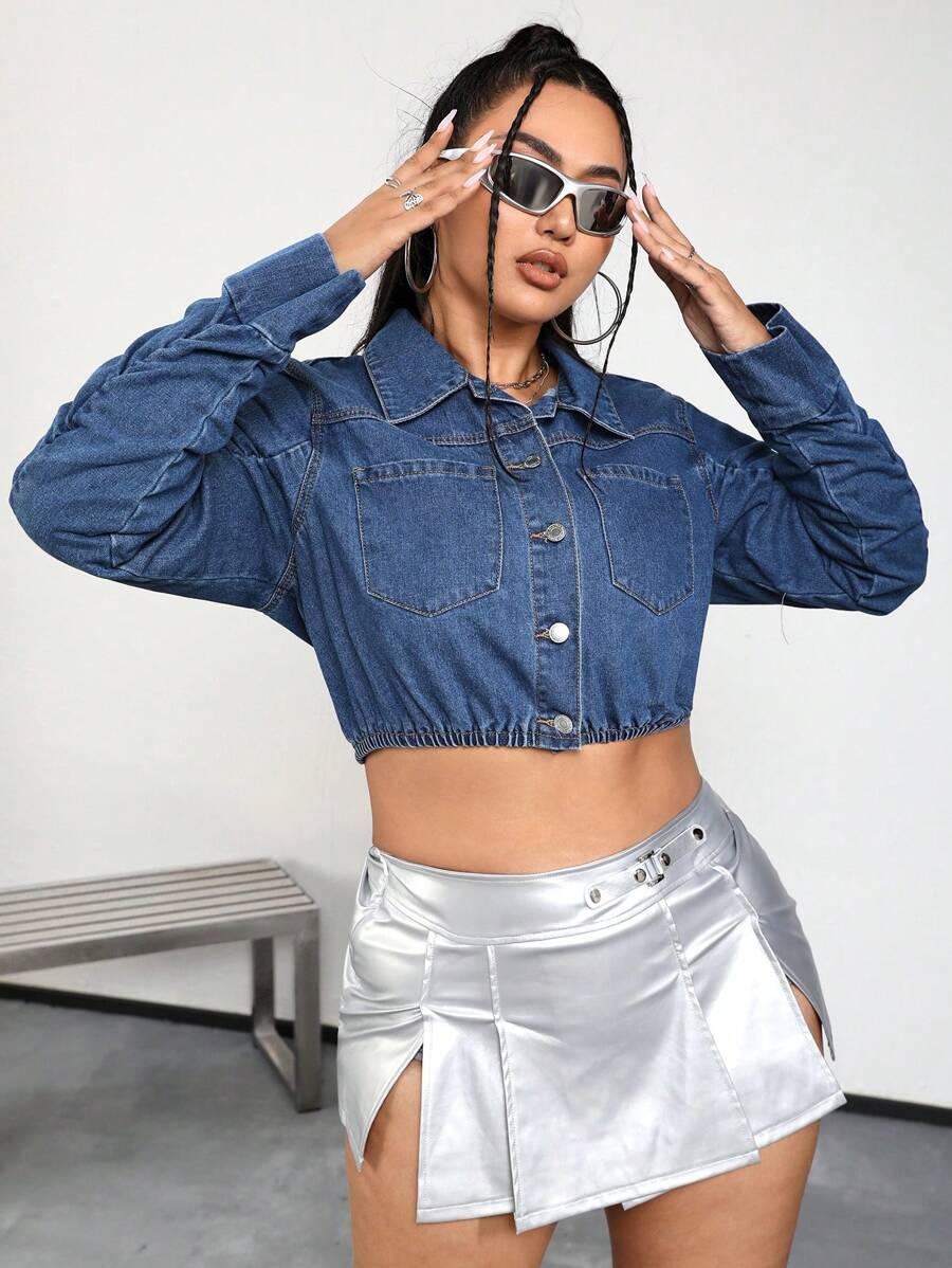 SHEIN ICON Plus Patched Pocket Ruched Sleeve Crop Denim Shirt - Medium Wash - View 1