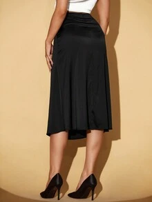 SHEIN PETITE Falda unicolor de satén - Negro - Ver 2