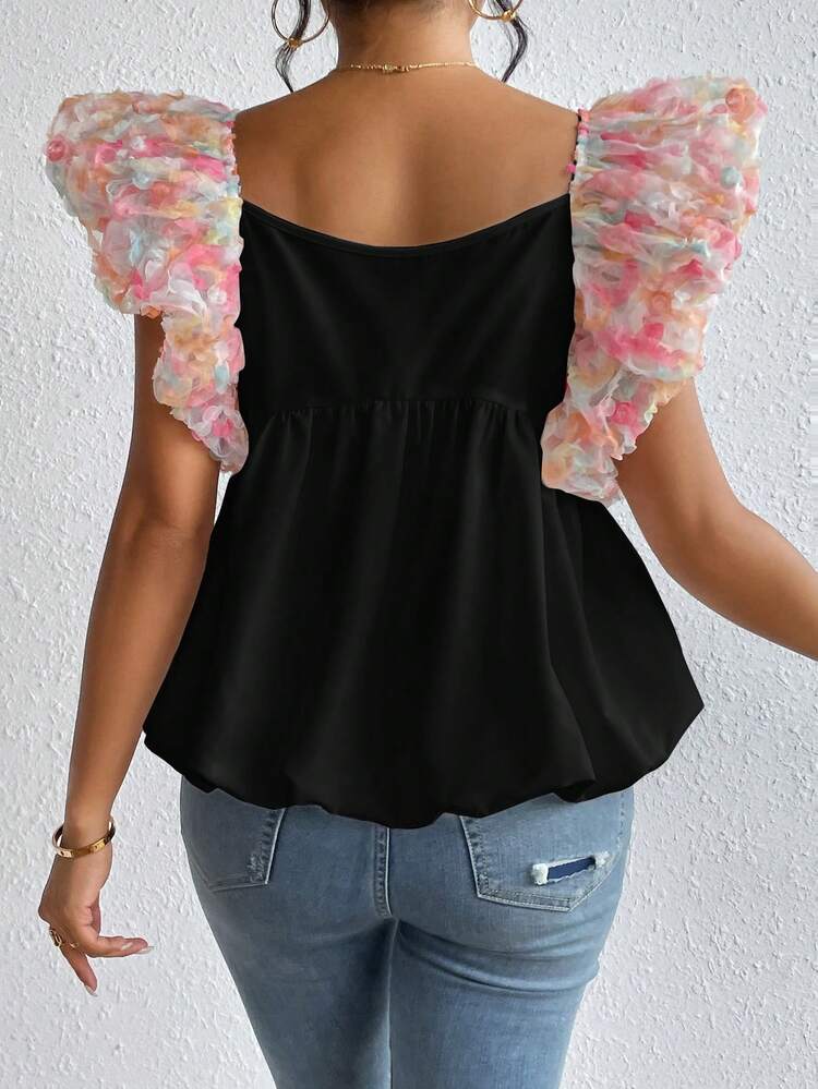 Floral Appliques Ruffle Trim Peplum Blouse
