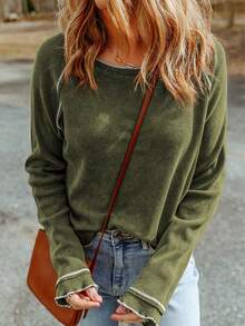 Contrast Stitch Raglan Sleeve Tee - Olive Green - View 6
