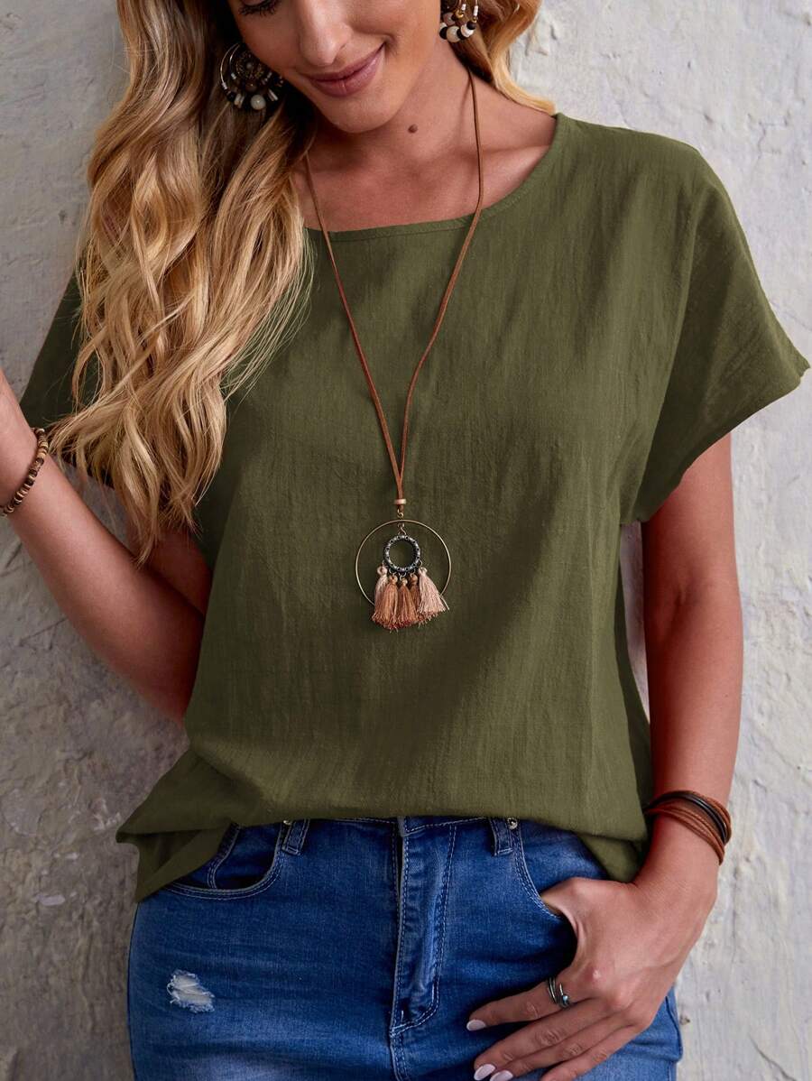 EMERY ROSE Solid Batwing Sleeve Top - Army Green - View 1