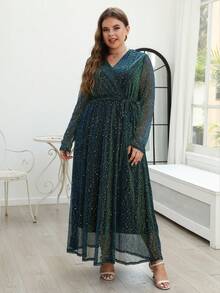 Nemidor Plus Surplice Neck Lantern Sleeve Belted Sequin Dress