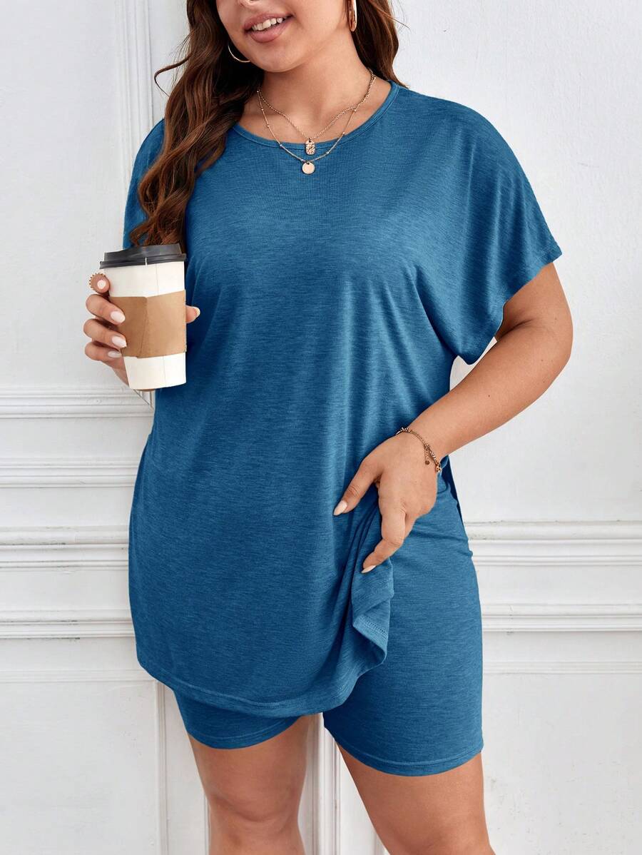 SHEIN Frenchy Plus Batwing Sleeve Tee & Shorts - Blue - View 1