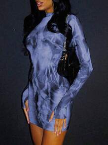 Tie Dye Mock Neck Bodycon Dress - Blue - View 5