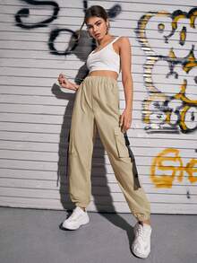 EURMUSE Buckle Tape Flap Pocket Cargo Pants With Chain - Apricot - View 5