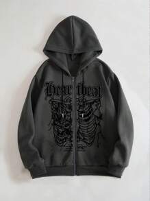 ROMWE MEN Academia 男士字母和骷髏印花拉鍊束口保暖帽衫 - 深灰色 - 查看 1