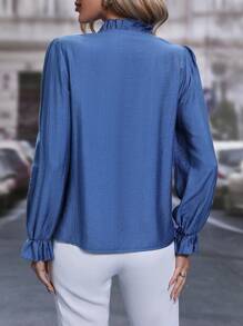 EMERY ROSE Notched Neckline Flounce Sleeve Blouse - Blue - View 2