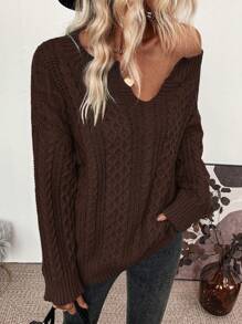 SHEIN LUNE Áo len chui đầu cổ chữ V, vai rớt, chất liệu dệt kim, thích hợp cho mùa thu đông. - Màu Khaki - Xem 5