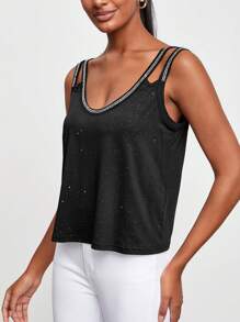 SHEIN Unity Top tank de hombros con abertura con diseño de diamante de imitación - Negro - Ver 6