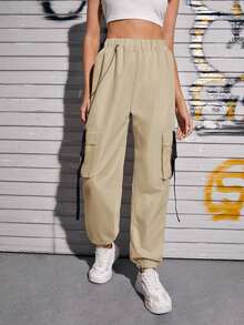 EURMUSE Buckle Tape Flap Pocket Cargo Pants With Chain - Apricot - View 3