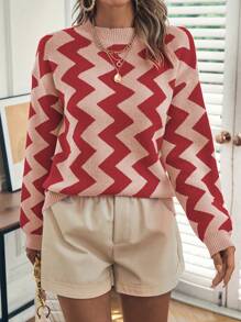 SHEIN LUNE 新年服装人字形图案落肩毛衣 - 紅色 - 查看 3