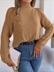 Pullover mit schulterfrei hochgeschlossenem Ausschnitt, Zopfstrick - Khaki - Übersicht 5