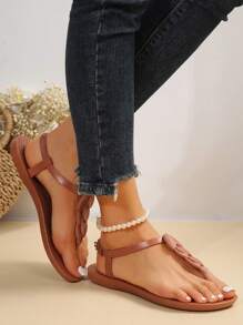 Fashionable Casual Round Ring Thong Flat Roman Style Sandals - Khaki - View 6