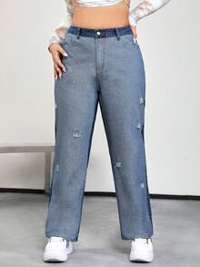 SHEIN ICON Plus Quần Jeans Rách Chân Thẳng Eo Cao - Nhiều màu - Xem 5