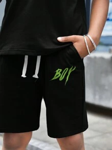 SHEIN Tween Boy Letter & Cartoon Graphic Tee & Shorts - Multicolor - View 4