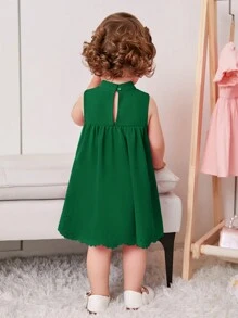 女嬰前蝴蝶結鏤空貝殼邊洋裝 - 墨綠色 - 查看 2