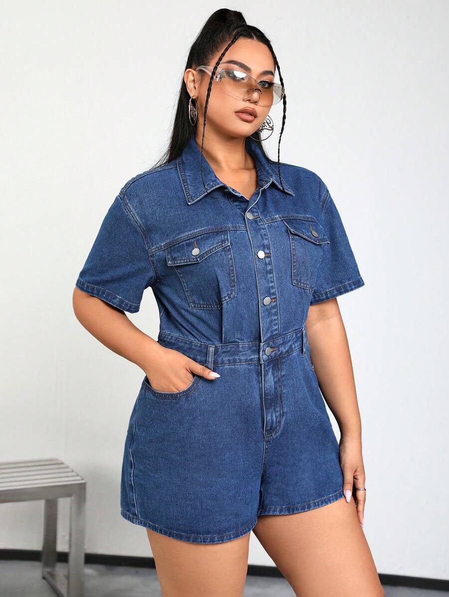 SHEIN EZwear Plus Flap Pocket Denim Romper - Dark Wash - View 1