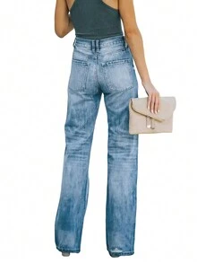 Zipper Fly Ripped Jeans - Blue - View 2