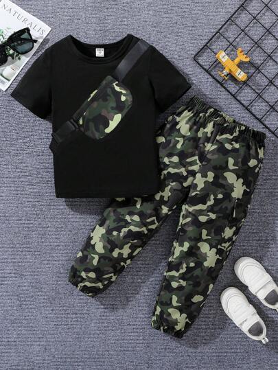 SHEIN 男小童素色T恤&迷彩印花長褲&包