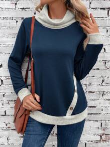 EMERY ROSE Viền tương phản Chi tiết Nút Áo nỉ - Màu xanh hải quân - Xem 1