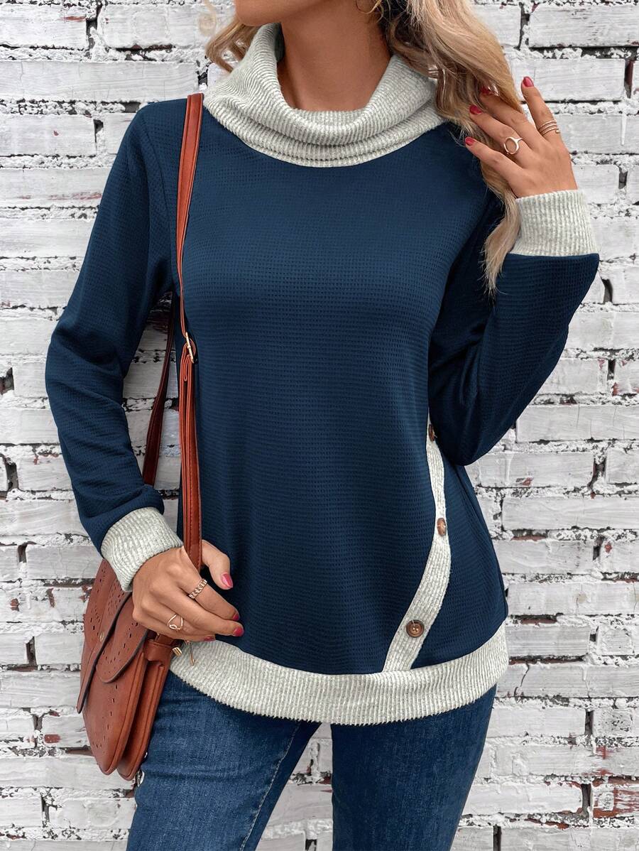 EMERY ROSE Viền tương phản Chi tiết Nút Áo nỉ - Màu xanh hải quân - Xem 1