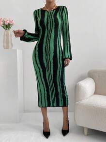 Chiquease Vestido de punto ajustado con patrón de rayas sin cinturón - Multicolor - Ver 5