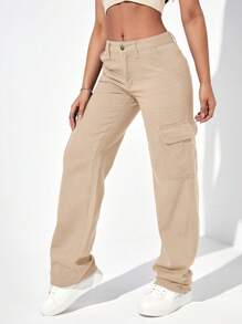 EURMUSE Solid Flap Pocket Cargo Jeans - Khaki - View 4